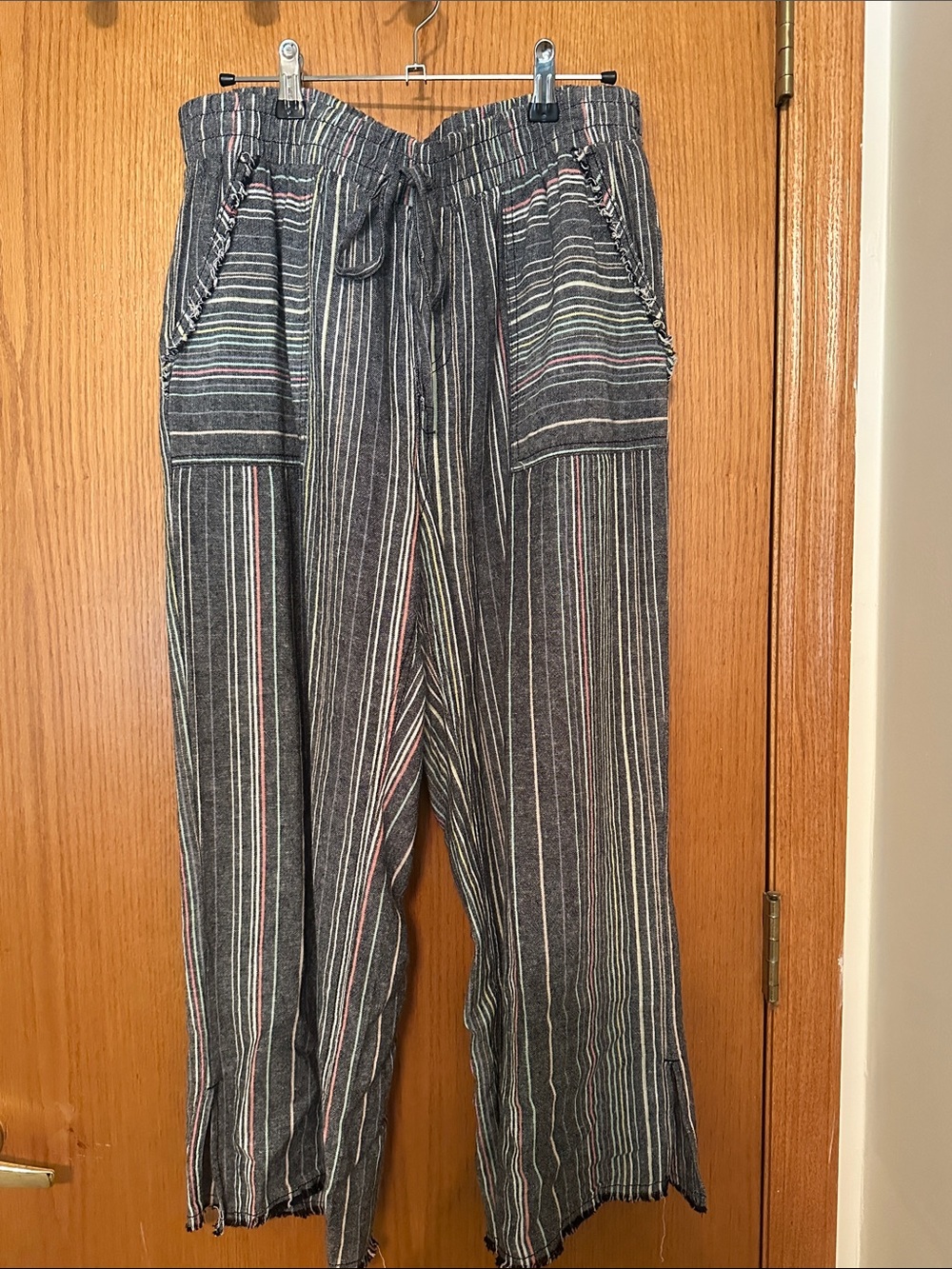 Westbound Gray Striped Wide-Leg Drawstring Pants